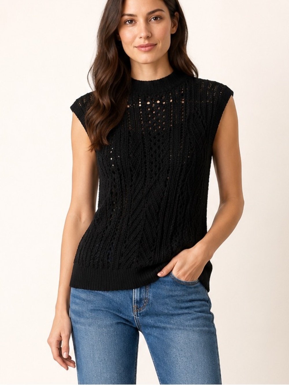 Banana Republic Black Open Knit Sleeveless Cotton Sweater Tank M